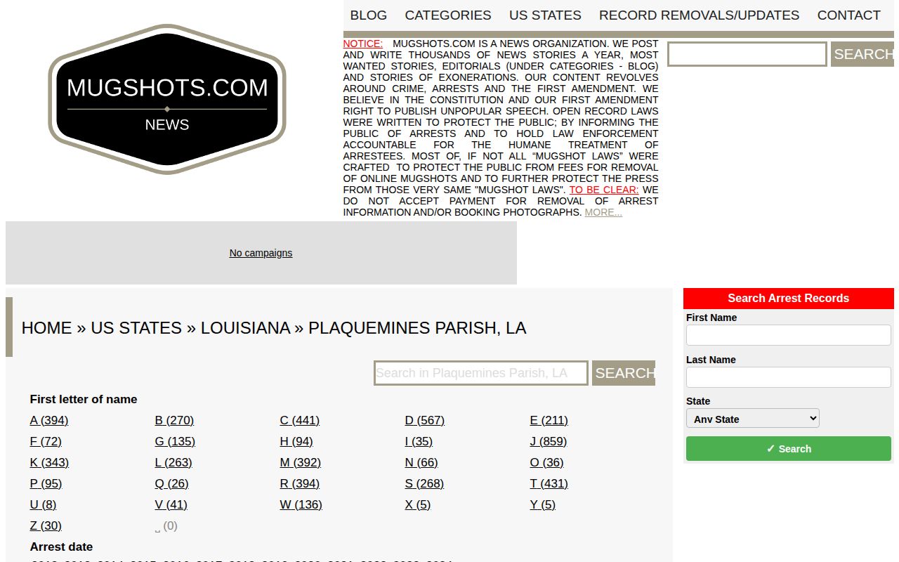 Unofficial Plaquemines Parish historical mugshot index requiring official record verification