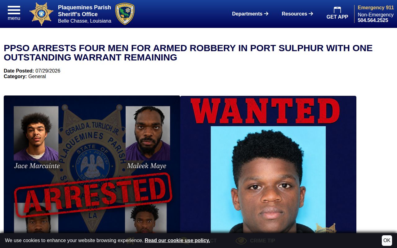 Plaquemines Parish arrest news release for a Port Sulphur official record