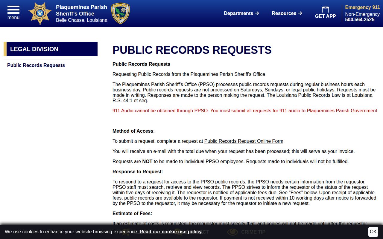 Plaquemines Parish booking photo and public records request workflow