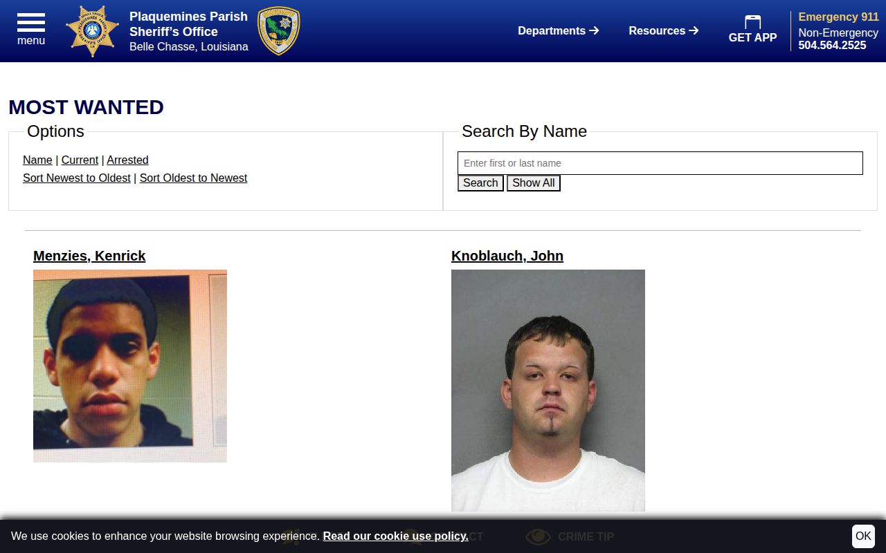 Plaquemines Parish wanted-fugitive search interface and official records controls